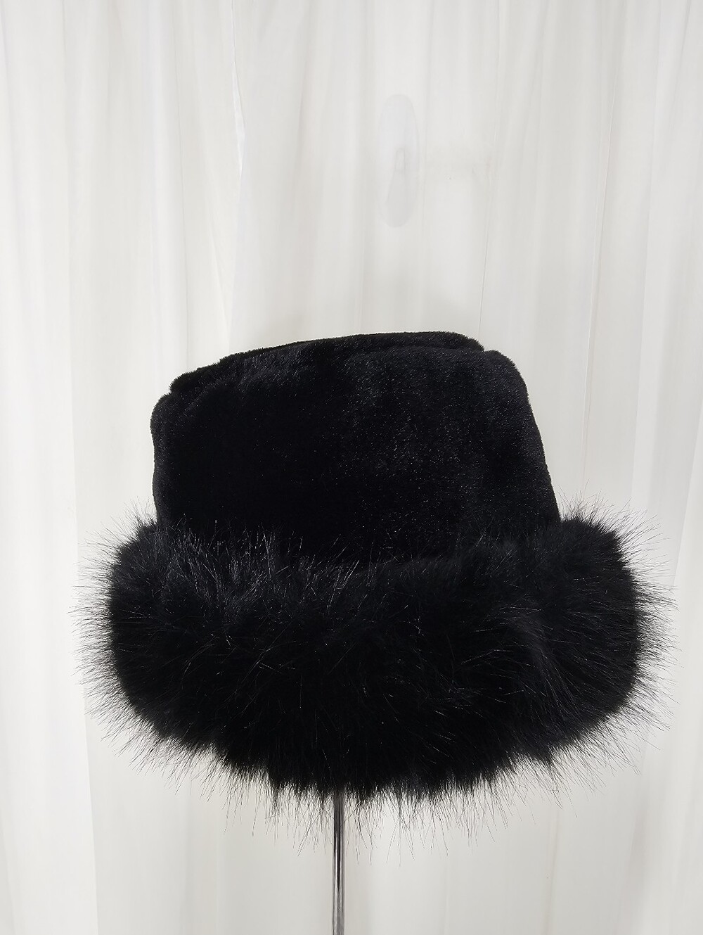 Black Faux Fur Plush Winter Bucket Hat Cossack Pillbox With Fluffy Brim